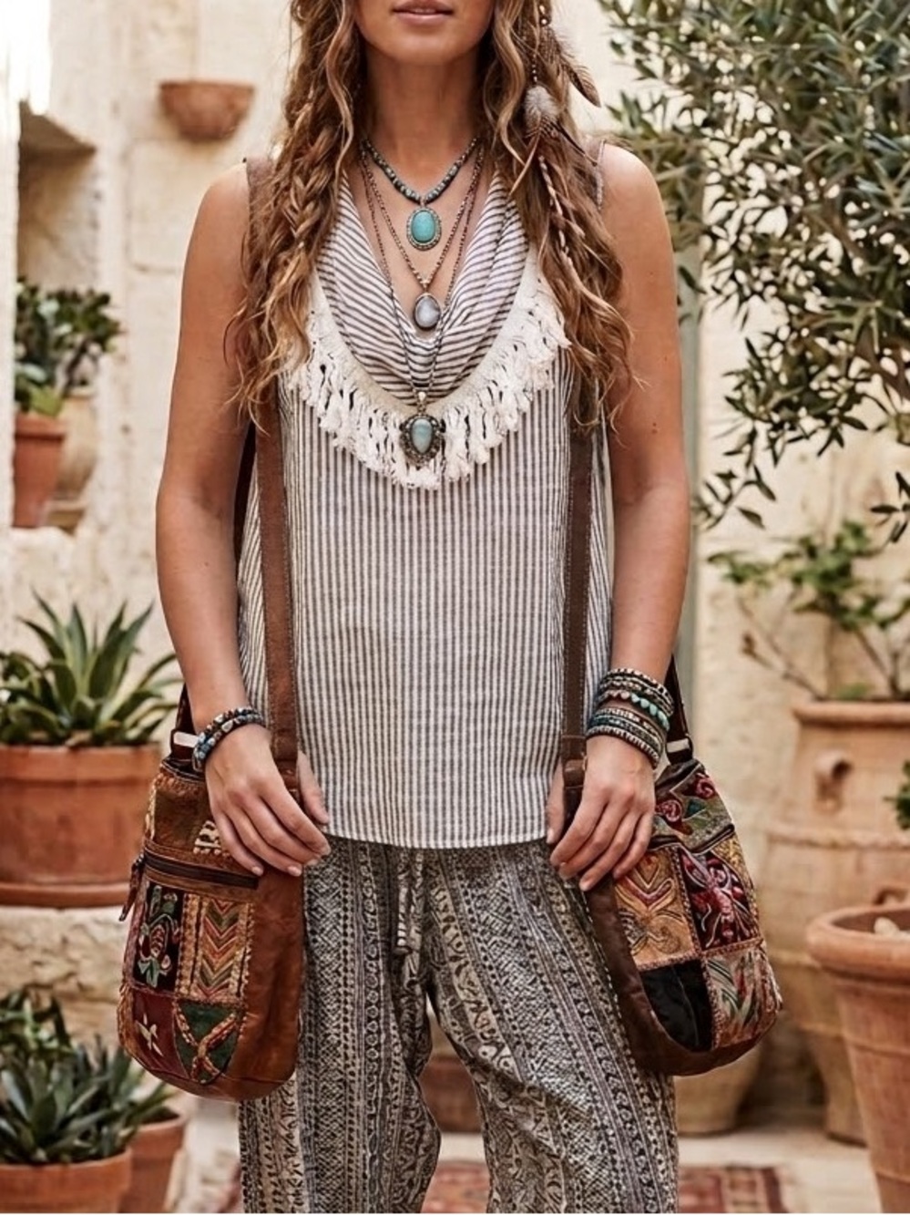 Line and Dot Revolve stripes fringes sleeveless top boho cowgirl shirt blouse